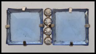 A 1930s Czech white metal cloak cape clip clasp set with two large hand faceted blue glass stones