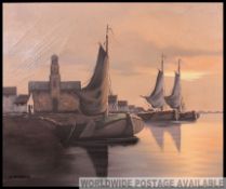 A mid century oil on canvase painting of a retro harbour scene set within white open frame being