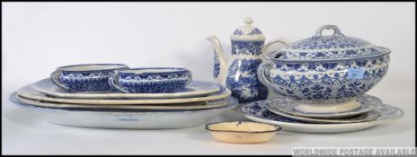 A collection of graduating assorted blue and white meat platters, some in the willow pattern,