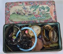 A vintage Chinese enamel set box with costume jewellery to include an old yellow metal watch (