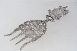 A Silver tested Dutch 19th century serving fork, bearing coat of arms under crown,