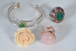 A silver and enamel bracelet together with 3 decorative white metal rings with one being agate