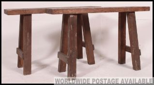 2 vintage Industrial painters trestle stands / stools of pine construction,