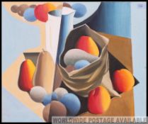 An original abstract oil on board painting of a still life scene being signed for K. McQueen.