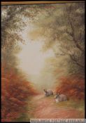 A framed oil on canvas painting of a pair of rabbits in a woodland setting signed to the bottom