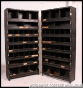 A pair of original mid 20th century Industrial large green enamel metal sectional cubby / pigeon