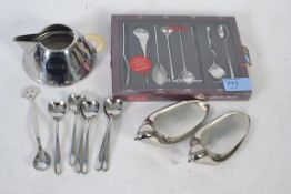 A cased set of espresso spoons by Alessi along with another unboxed set of Alessi heart shaped bowl