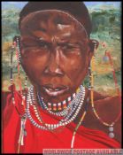 A contemporary oil on canvas painting of a tribal African woman set to a good quality oak frame (