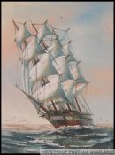 A framed oil on canvas of a of a coastal scene with a tall ship with full sails down,