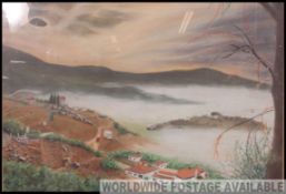 An unusual 20th century pastel painting of a South American plantation scene at sunset being signed