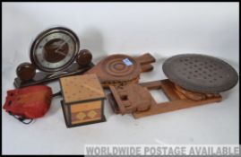 An Art Deco Metamec clock, Victorian Solitaire board and marbles,