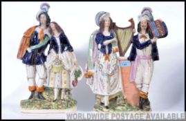 2 Victorian large Staffordshire flatback figurines to include musicians and courting lady and