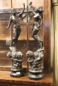 A pair of early 20th century spelter bronzed figures, after Moreau,