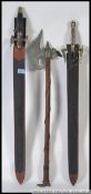 Two Medieval style replica swords along with a Medieval style replica battle axe 80cm