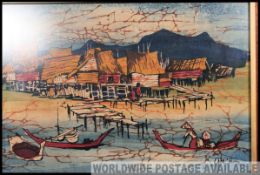 A framed and glazed Vietnamese village boat / fishing scene screen print dating to the 20th century