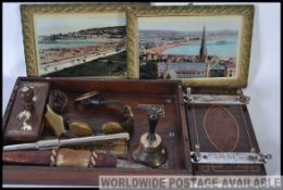 Assorted lot of curios to include a inlaid blotter, knife, table bill, inlaid tray,