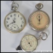 A vintage Bonora nickel silver pocket watch together with an Ingersoll stop watch and another