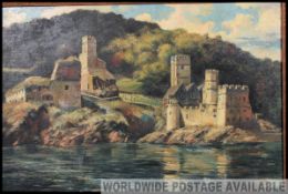 SJ Iredale A large oil on canvas painting of Dartmouth castle within gilt frame having notation box