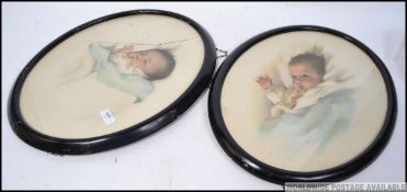 A pair of retro mid century childs prints in ebonised frame with notation to each by Bessie Peach,