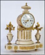 A 19th century Alabaster French mantel cylinder clock flanked by urns with gilded metal floral
