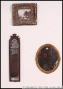 A Victorian wall mirror of arched form together with a gilt framed oval mirror and a print in gesso