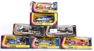CORGI: A good collection of 7x original Corgi diecast model racing cars; 152, 154, 158, 150 and 159.