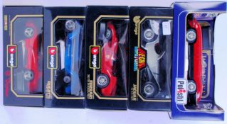 1:18 SCALE: A collection of 5x 1:18 scale boxed diecast model cars. 4x Burago and 1x Polistil model.
