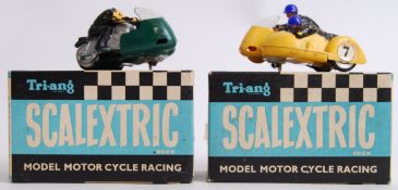 SCALEXTRIC: A rare set of vintage Scalextric motorcycles and sidecar electric racing vehicles.