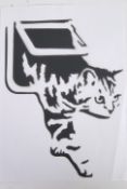 GRAFFITTI: An original piece of artwork - spray graffiti image of a cat entering through a cat box.