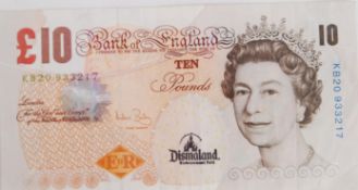 DISMALAND £10 NOTE: An original ten pound note, stamped ' Dismaland '.