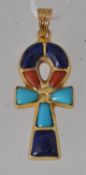 An 18ct gold Egyptian Nem Ankh - key of life pendant with inset turquoise, lapis lazuli,