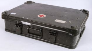 SUPPLY TIN: A vintage Army / Military supply tin case with red cross to front and notation. Empty.