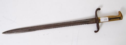 BAYONET: A German sword bayonet model 1871, having fullered blade coming to a spear point.