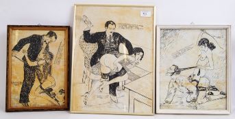 PRE WAR GERMAN EROTICA; A collection of three rare pen and ink illustrations, German in origin,