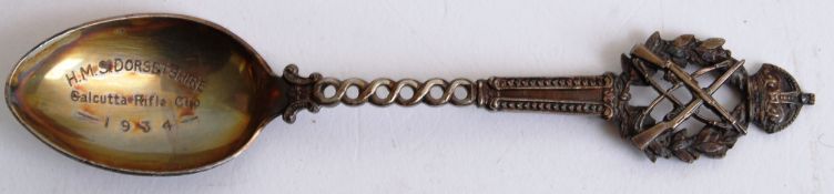 COMMEMORATIVE SPOON: A rare 1934 dated HMS Dorsetshire ' Calcutta Rifle Cup ' presentation tea