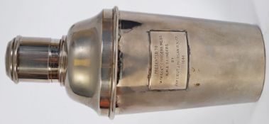 COCKTAIL SHAKER: An interesting mid-century nickel made cocktail shaker,