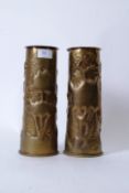 TRENCH ART: A good pair of First World War WWI era brass artillery shells (dated 1918) trench art