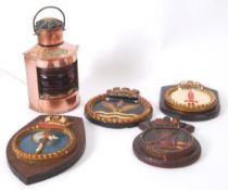 PLAQUES: A collection of plaster ships - fleet air arm aviation plaques on oak armorial plinths to