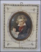 A miniature portrait painting of Beethoven mounted in bone / ivory frame.