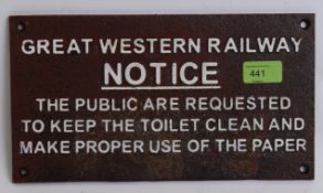 A Great Western Railway GWR reproduction novelty cast iron warning sign in brown,