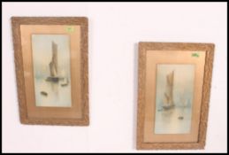 2 framed and glazed watercolour paintings of sailing barges moored in misty sunrise being signed to