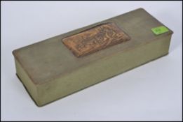 A late 19th / early 20th century glove box ? Having a baby blue silk lining with a brass plaque in