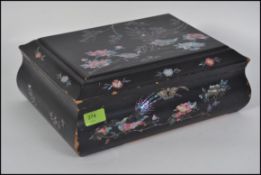 A mid 20th century mother of pearl inlaid jewellery box / workbox having a hinged lid opening to