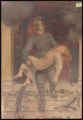A large framed and glazed early 20th century print of a Fireman rescuing a young girl from a