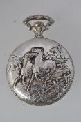 A silver plated hunter pocket watch of continental origin with horses design case in relief,
