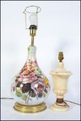 A tall ceramic hand painted foliate design table lamp along with another lamp made from onyx H64cm