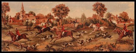 A large 1970's framed wall mounted needlepoint tapestry of a hunting scene.