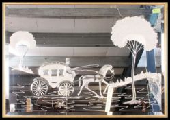 A 20th century gilt framed bevelled edge wall mirror with bevelled decoration of horse and carriage