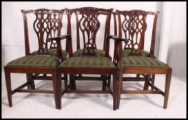 A set of 6 19th century Georgian mahogany dining chairs hacing drop in stripe green velour seats on