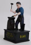 A vintage style cast iron money box ' John Deere Bank '. Hand painted, with raised notation to base.